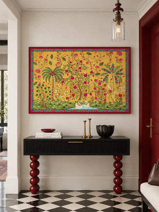 The Royal Bagh horizontal wall art framed above a sleek black console table in an elegant foyer.