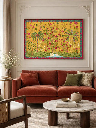 The Royal Bagh horizontal wall art displayed above a rust velvet sofa in a modern living room setting.