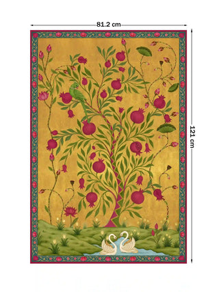 Royal Bagh wall art featuring a pomegranate tree and swans on a gold background, size 81.2cm x 121cm.