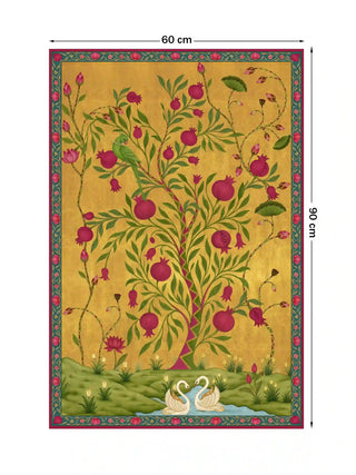 Royal Bagh wall art featuring a pomegranate tree and swans on a gold background, size 60cm x 90cm.