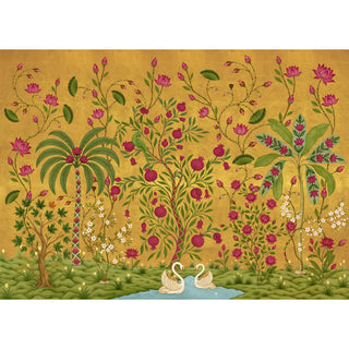 A full-view landscape of The Royal Bagh ochre mural featuring pomegranate trees, lotus flowers, and swans on a gold background.