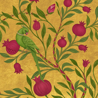 Close-up of The Royal Bagh ochre mural showing a hand-painted green parrot perched on a fruiting pomegranate branch.