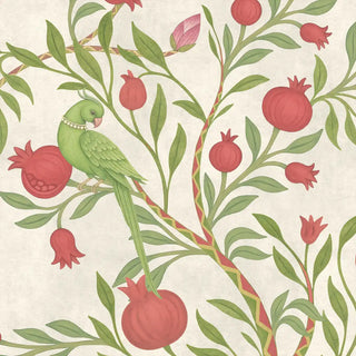 Close-up of The Royal Bagh mural showing a hand-painted green parrot perched on a fruiting pomegranate branch.