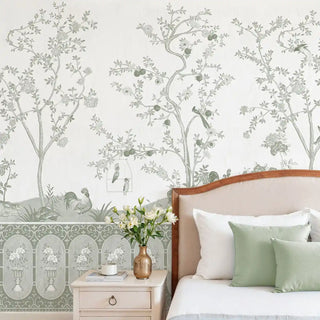 A full-scale Royal Bagh sage green wall mural featuring a hand-sketched Indian landscape with birds, and ornate arches.
