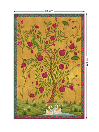 Royal Bagh wall art featuring a pomegranate tree and swans on a gold background, size 44cm x 66cm.