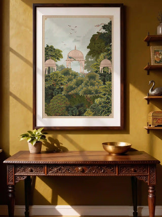 The Royal Enclave art print styled inside a stone archway alcove above a minimalist console table.