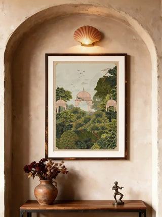 Royal Enclave wall art styled on an ochre wall above a carved wooden desk with brass accents.
