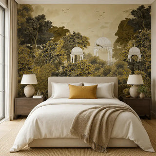 Royal Enclave Rich custom Mughal landscape wallpaper providing an ambient statement headboard wall in a master bedroom view-bedroom