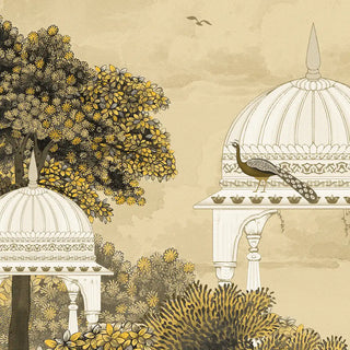 A high-resolution close-up of the perched peacock, traditional stone pavilion domes, and golden tree foliage in the wallpaper.