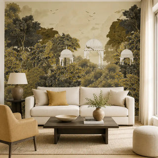 The Royal Enclave Rich wallpaper styled as a grand panoramic backdrop in a contemporary living room behind a cream sofa view-livingroom