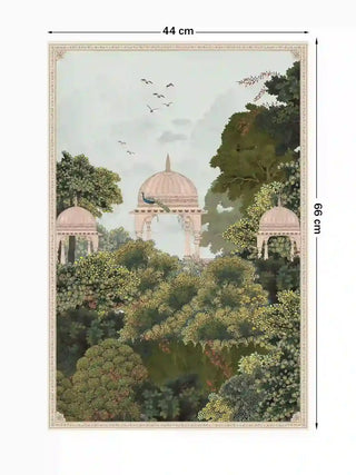 Full pattern layout of Royal Enclave wall art featuring a peacock and garden pavilions, sized 44 by 66 centimeters