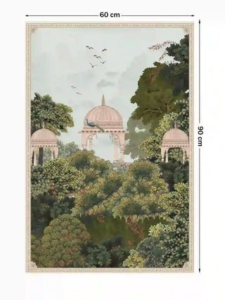 Full pattern layout of Royal Enclave wall art featuring a peacock and garden pavilions, sized 60 by 90 centimeters