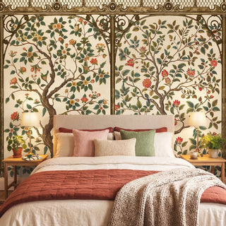 A luxury bedroom featuring the Royal Garden mural with ornate pavilion arches and botanical trees behind an upholstered bed view-bedroom