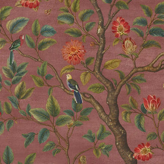A close-up view of the wallpaper showing detailed flowers, birds, and leafy branches on a soft dusty pink background.