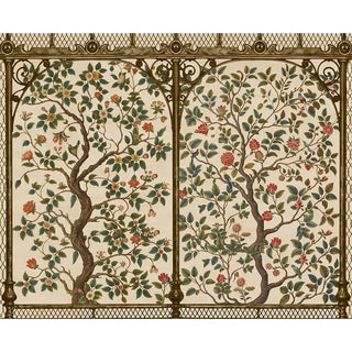 A wider perspective of the wallpaper displaying the continuous hand-painted style pattern across the wall.