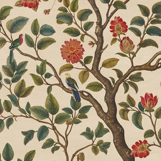 A close-up of the wallpaper highlighting detailed flowers, birds, and leafy branches against the soft off-white background.