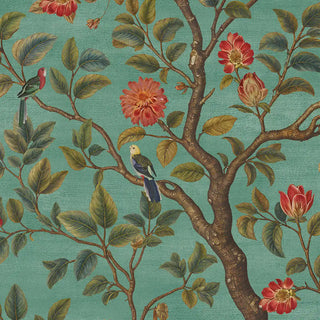 A close-up view highlighting the hand-painted style blossoms, birds, and leafy branches against a teal backdrop.