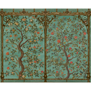 A wide perspective displaying the detailed Chinoiserie-inspired mural with blooming flowers and ornate trees in teal tones.