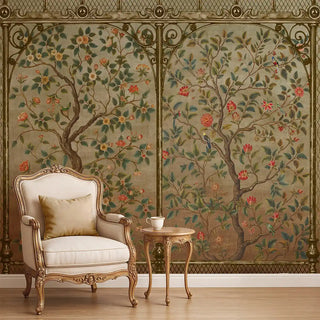 A room view of the Royal Garden Chinoiserie Wallpaper, showing its repeating botanical pattern with detailed floral and branch motifs.
