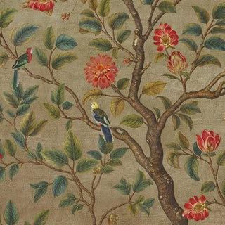 A close-up of the wallpaper highlighting the hand-painted style flowers, leaves, and branches in rich, earthy tones.