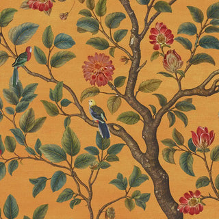 A close-up view showing hand-painted style blossoms, birds, and leafy branches against the warm yellow backdrop.