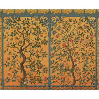 A wider perspective highlighting the continuous floral and foliage pattern across the wall.