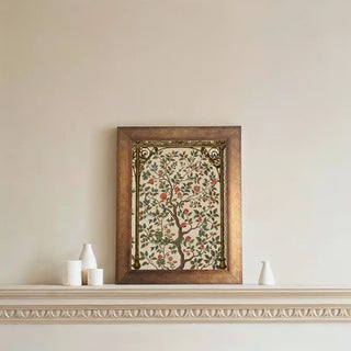 Royal Garden wall art framed in wood, displayed above a shelf with white decorative objects.