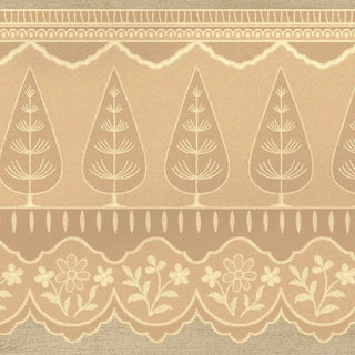A close-up of the Royal Heritage mural showing hand-painted stylized trees and scalloped floral borders in golden ochre.
