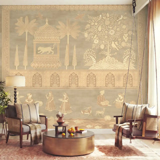 A luxury living room featuring a golden sage heritage mural with Indian motifs behind a contemporary swing and armchairs.