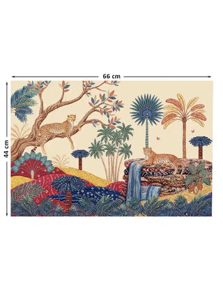 Full layout of The Royal Jungle Safari wall art at 44×66 cm showing two cheetahs, bandhani-patterned hillscape in crimson and saffron, embroidery-style palms, and cascading waterfall on a parchment ground