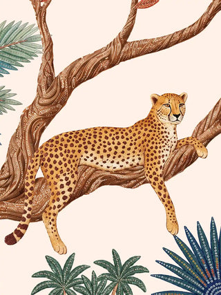 A detailed close-up of The Royal Jungle Safari wall art highlighting the cheetah resting on a textured tree branch among stylised leaves.