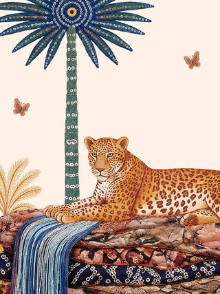 A detailed close-up of The Royal Jungle Safari wall art highlighting the leopard resting on patterned rocks beside the waterfall, with a teal palm and butterflies above.