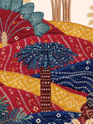 A detailed close-up of The Royal Jungle Safari wall art showing a stylised teal palm against the bandhani-patterned landscape.