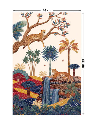 The Royal Jungle Safari wall art, portrait orientation, in Ivory & Multicolour, small size 66 by 44 centimetres, showing a cheetah resting in a tree above a leopard on rocks beside a waterfall, surrounded by stylised palms on a bandhani-patterned landscape.