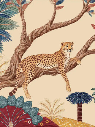 Close-up detail of The Royal Jungle Safari wall art showing a cheetah reclining on a gnarled twisted tree branch with multi-coloured dotwork leaves in blue, rust and teal on a warm parchment ground