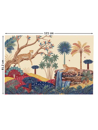 Full layout of The Royal Jungle Safari wall art at 81.2×121 cm — the largest size — showing the complete bandhani and embroidery-inspired composition with two cheetahs, multi-variety palms and cascading waterfall