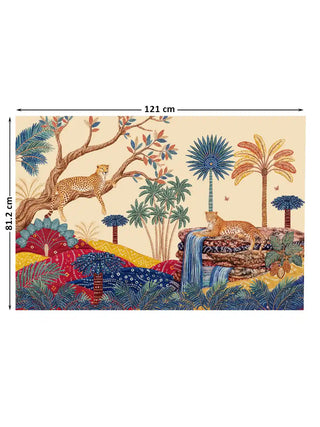 Full layout of The Royal Jungle Safari wall art at 81.2×121 cm — the largest size — showing the complete bandhani and embroidery-inspired jungle scene with two cheetahs, multi-variety palms, and waterfall on a warm parchment ground