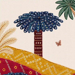 A detail of the Royal Jungle Safari wallpaper showing a blue palm with a stitched, beaded crown on a crimson trunk, a butterfly, and hills patterned with bandhani dots in mustard and crimson.