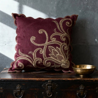 Single Royal Vine Cushion Cover displayed on a dark wooden chest with a brass bowl.