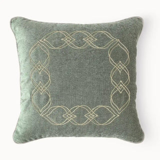 Front view of the Ruhana sage green velvet cushion cover featuring an intricate embroidered geometric border design.