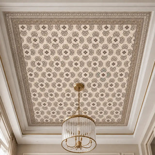 The Rumi customized wallpaper styled in a ceiling tray around a modern fluted-glass drum chandelier.