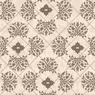 A high-resolution close-up of the diamond lattice trellis and sepia floral arabesque medallions in the Rumi wallpaper.