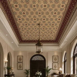 The Rumi wallpaper mural installed on a high recessed tray ceiling in a luxury grand entrance foyer with an antique brass lantern.