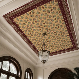 The Rumi wallpaper mural installed on a high recessed tray ceiling in a luxury grand entrance foyer with an antique brass lantern.