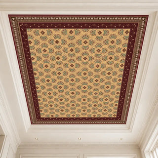 Angle view of the Rumi wallpaper mural dressing a coffered ceiling above dark wood arched windows and doors.