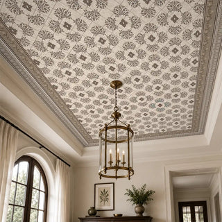 The Rumi historical lattice wallpaper styled on a ceiling showcase around a traditional bronze lantern pendant light.