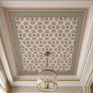 The Rumi customized sage green wallpaper styled in a ceiling tray around a modern fluted-glass drum chandelier.