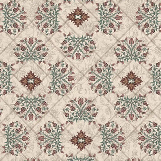 A high-resolution close-up of the diamond lattice trellis and sage green floral arabesque medallions in the Rumi wallpaper.