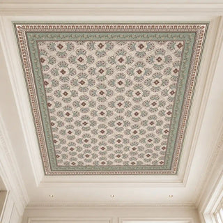 The Rumi Sage Green customized wallpaper providing a full view of the palatial panel layout for a ceiling installation.