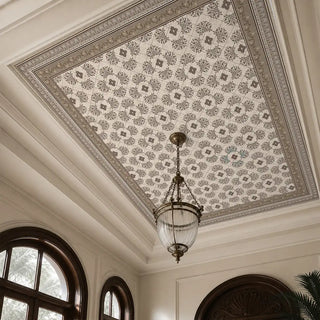 Rumi customized geometric wallpaper providing a palatial statement on a high ceiling, paired with classical arched windows.
